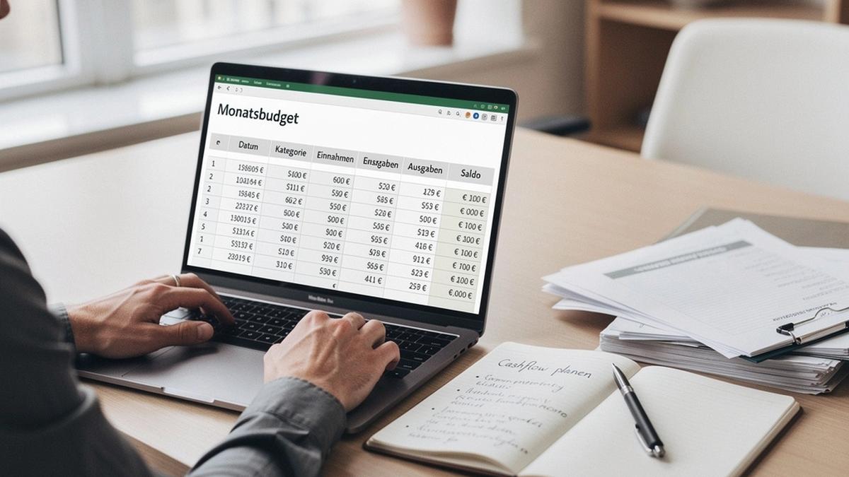 Person plant Budget und Cashflow mit Laptop und Notizbuch