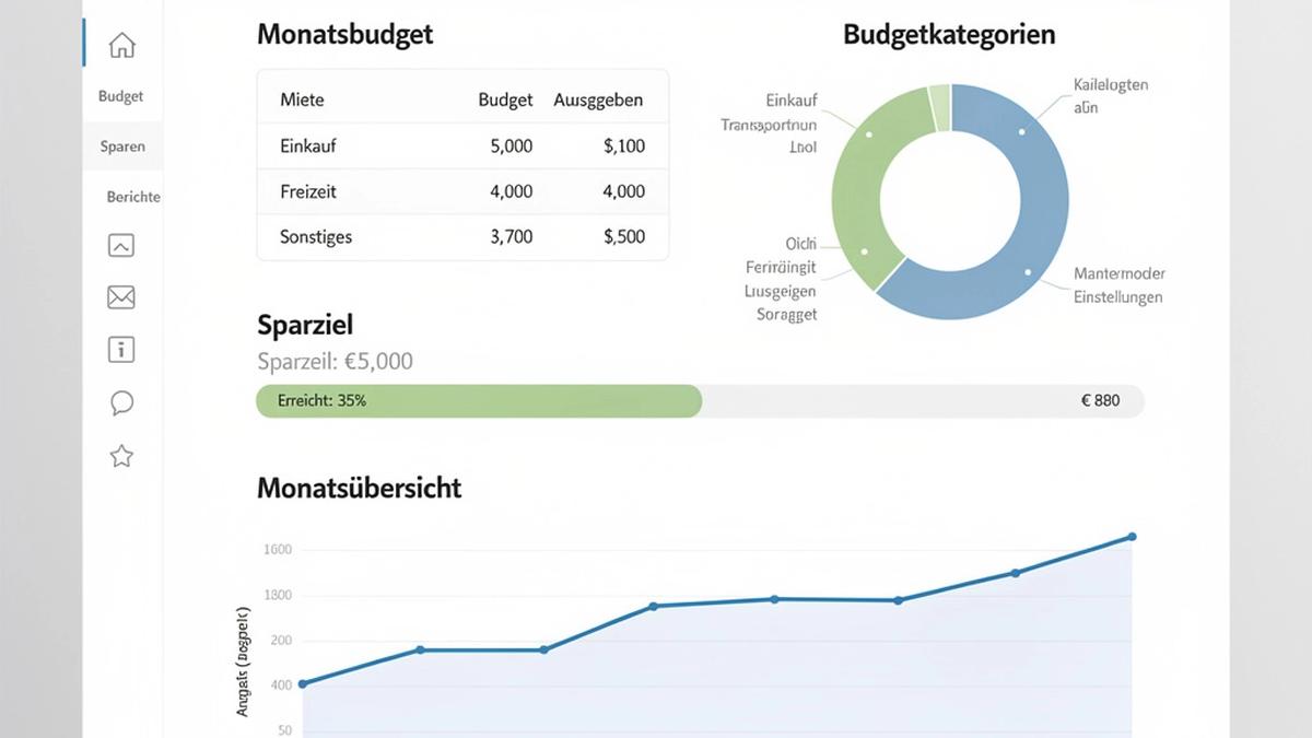 Übersichtliches Finanzbildungs-Dashboard mit Budgetkategorien, Sparziel und Monatsübersicht